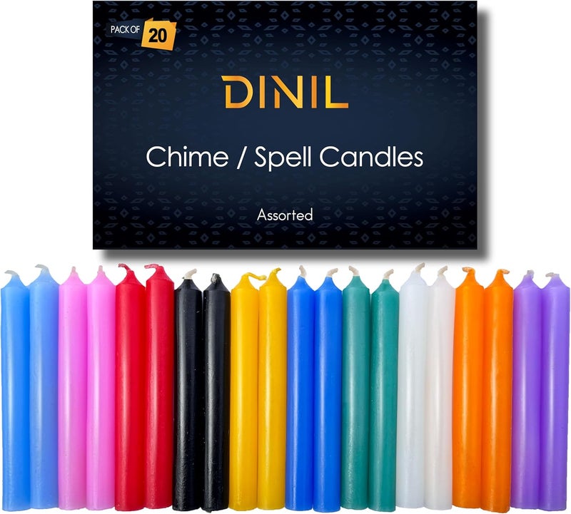 Dinil – 20 Assorted Color Spell/Chime Candles – Premium Mini Taper Candles for Rituals, Prayer, Birthdays, Meditation, Altar, Spells, Chime Candles - 4 Inch Tall (Multi-Colored) - Image 1